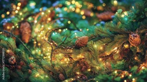 Enchanting christmas lights on pine branches festive nature scene close-up view magical winter atmosphere