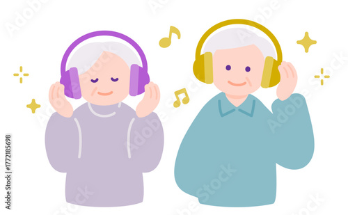 ヘッドフォンで音楽を楽しむシニア夫婦　聴覚に配慮したおうち時間