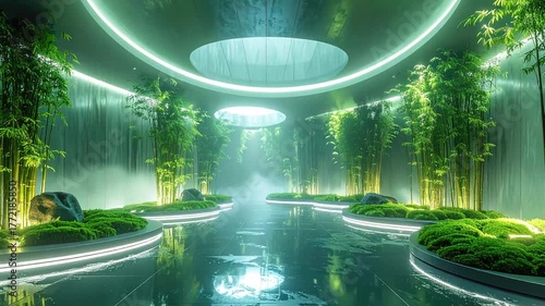 Futuristic indoor garden with water feature and bamboo plants.