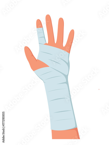 Bandage first aid on hand, protection in case of burn of skin, human hand injury