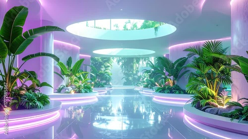 A futuristic indoor atrium filled with lush green plants and illuminated by soft purple and blue neon lights, reflecting on a polished floor.