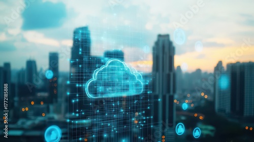 Modern city skyline du sunset with digital cloud computing icons and data visualization representing cloud technology and data transfer concepts