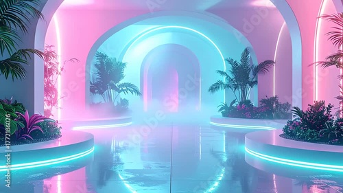 A surreal, futuristic interior with lush plants bathed in vibrant pink and turquoise neon light.