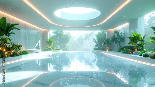 A luxurious futuristic indoor swimming pool with a central skylight and lush tropical plants.