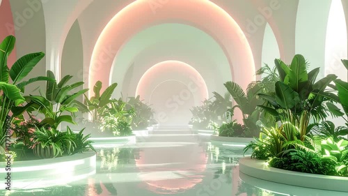 A futuristic, ethereal hallway filled with lush green plants and soft, glowing lights.