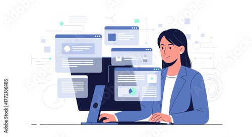 Woman Working on Computer with Online Windows and Data Analysis Visualization