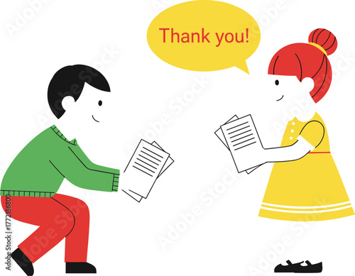 Cartoon Children Sharing Papers in Classroom Scene, Girl Saying Thank You, Educational Vector Illustration Promoting Kindness and Social Interaction