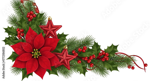 Christmas Corner Decoration with Poinsettia, Pine Branches, Berries, and Red Stars