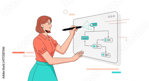 Businesswoman Designing a Comprehensive System Diagram on a Digital Interface Screen