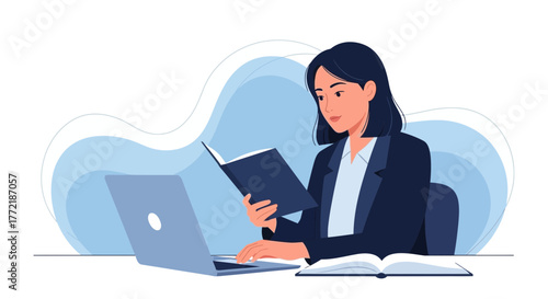 Businesswoman Concentrating Over Her Studies While Using Laptop, Reading A Book Calmly and Deeply