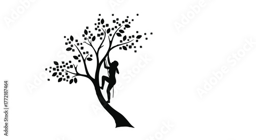 Silhouette of a determined woman climbing a stylized tree against a white background.