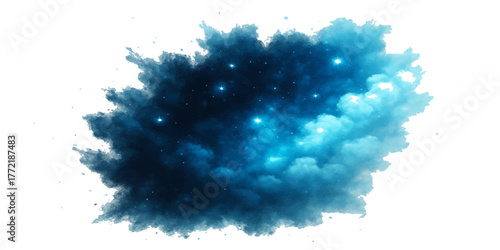 Abstract hand-drawn watercolor splashes background in bright blue, white, and clear sky colors, evoking a fluffy cloudscape atmosphere