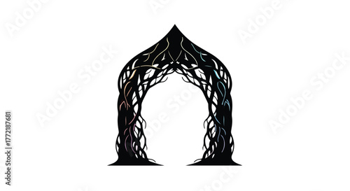 Mystical arched gateway formed by dark, intricate tree roots with subtle colorful highlights
