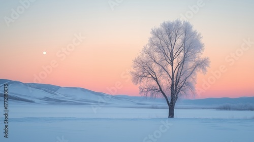 Minimalist winter snow landscape with pink sky and snow covered field, distant trees and small moon, soft pastel colors, peaceful serene atmosphere, wide perspective