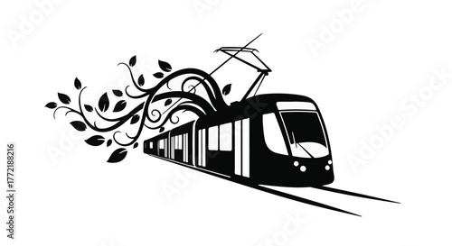 Modern tram with decorative floral elements on white background, symbolizing eco-friendly urban transport.