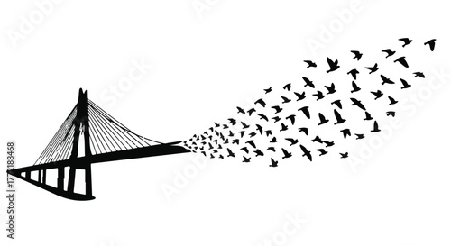 A suspension bridge transforms into a flock of birds taking flight.