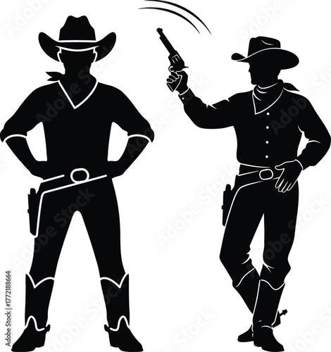 Cowboys shooting and standing ready in silhouette style.