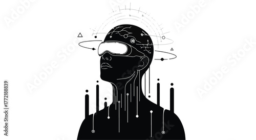 Silhouette of person wearing VR headset, immersed in futuristic digital world with glowing connections.