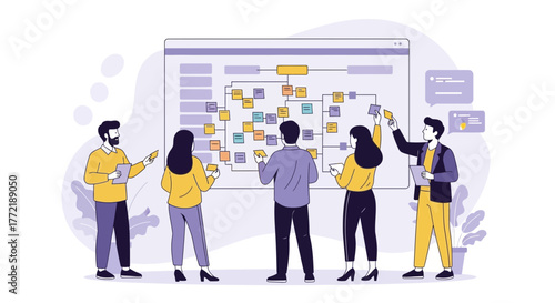 Team Of Professionals Constructing And Analyzing A Visual Project Workflow Illustration