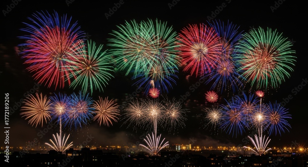 Fototapeta premium Vibrant fireworks display illuminating the night sky over a cityscape