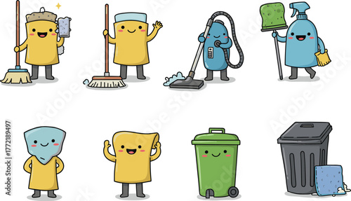 Cartoon Cleaning Characters with Tools, Sponge, Mop, Trash Bin, Vacuum, Spray Bottle – Fun Hygiene Vector for Kids and Education