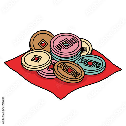 chinese coins on red fabric