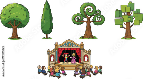 Cartoon children watching theater stage performance with actors, comedy drama show, fairy tale story, creative entertainment illustration, colorful vector design