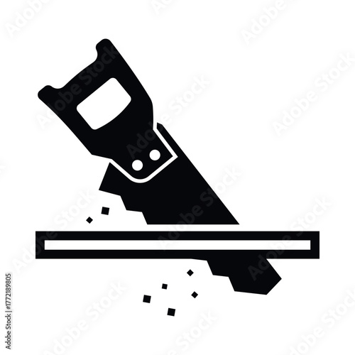 Sawing wood with a hand saw icon in a vector art style showing the action of cutting and wood shavings falling
