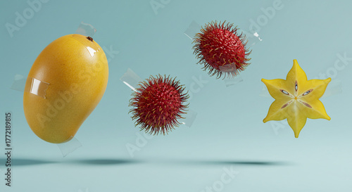 Fresh Tropical Fruit Still Life with Mango, Rambutan and Star Fruit