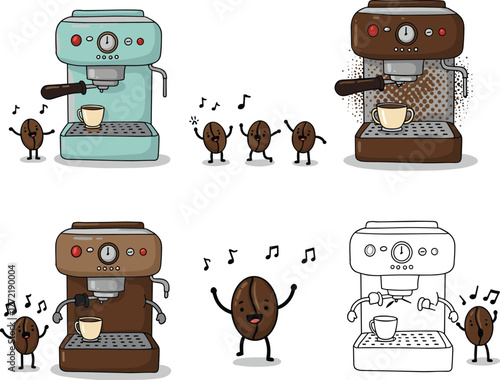 Cartoon Coffee Machines with Dancing Beans and Musical Notes in Fun Cafe Scenes for Beverage, Barista, and Coffee Vector Design