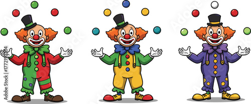 Cartoon clowns juggling colorful balls, funny circus performers wearing costumes and hats, cheerful entertainment characters illustration for comedy, carnival, festival.