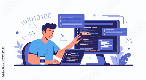 Illustration Of A Programmer At Work, Coding On Computer And Laptop With Binary Code