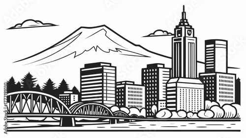 Portland skyline with mount hood overlooking a bridge in oregon, suitable for travel brochures, city guides, postcards, and tourism websites.