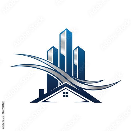 Abstract real estate logo with blue skyscrapers and house
