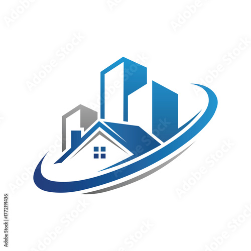 Modern real estate logo with blue buildings and a house roof