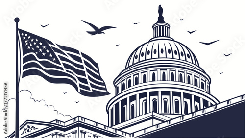 Washington dc skyline showcases the us capitol framed by the waving american flag. Ideal for patriotic, political, and washingtonthemed content.