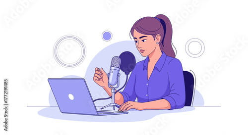 Woman Podcasting Online With Microphone And Laptop, Sharing Information And Content Creatively