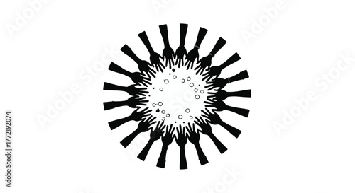 Circle of reaching hands forming a sunburst, symbolizing connection and community