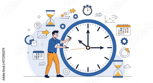 Time Management Strategy Depicted With Clock and Business Elements Illustrated