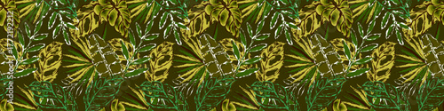 tropical leaves illustration. seamless pattern exotic green jungle foliage. Monstera, palm, and fern leaves isolated on dark green background. Botanical vector design elements.