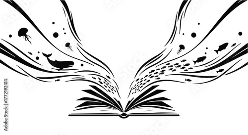 Imagination unfolds from an open book, bringing ocean life to vibrant existence.