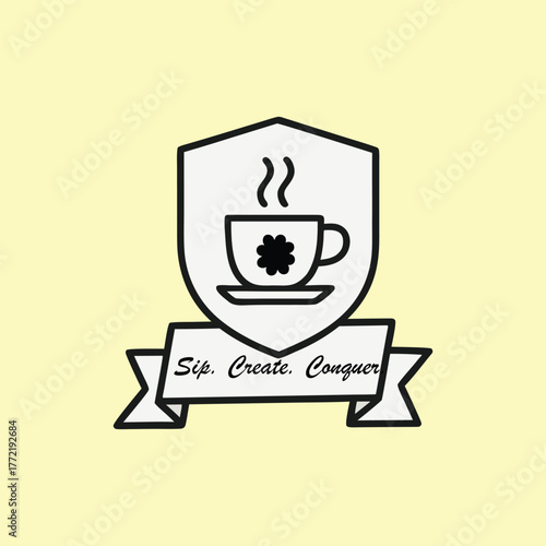 Minimal Coffee Cup Badge with Motivational Quote “Sip. Create. Conquer.” – Creative Inspiration Emblem Design