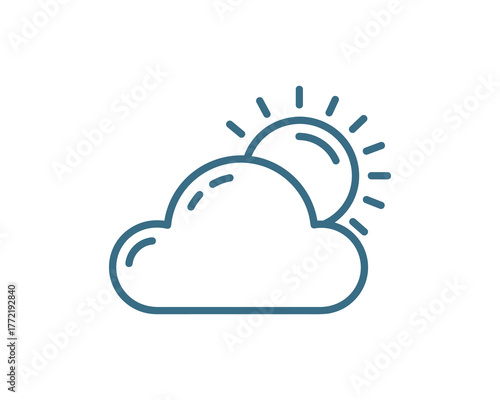Cloud and sun icon. Weather forecast symbol with bright sky element. Climate outline vector illustration.