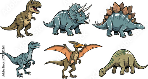 Cartoon dinosaur species vector set with names, colorful prehistoric reptiles for kids education, fun Jurassic illustration, isolated character design