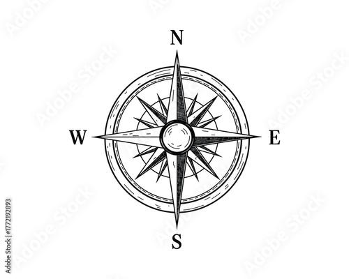 Compass rose navigation symbol Hand drawn sketch of compass for maps or marine travel