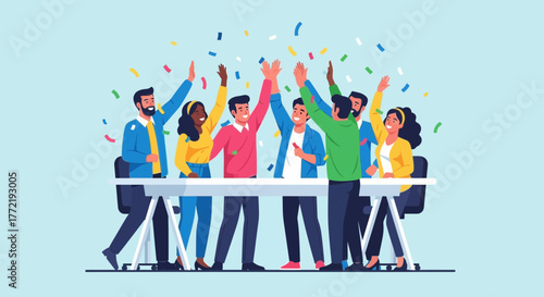 Joyful Team Celebrates Successful Project with Upraised Arms and Confetti Falling