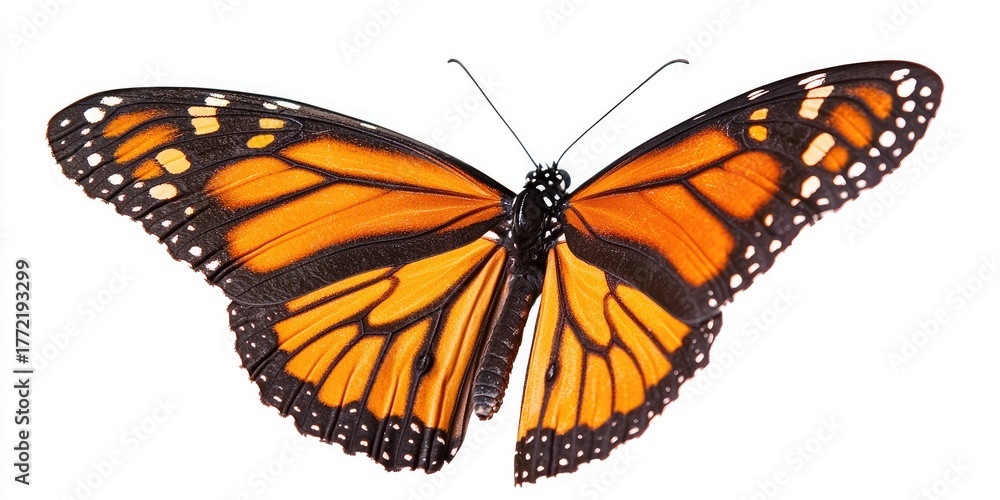 Fototapeta premium Monarch butterfly with orange and black wings, perched on a white background