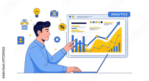 Analyst Displays Business Data Trends, Reviewing Graphs, Statistics, Analytics On Screen View