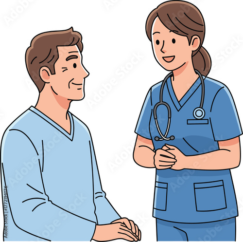 Cartoon doctor nurse consulting with patient in hospital, medical healthcare discussion vector illustration showing professional treatment advice and friendly communication