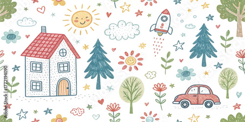 Whimsical hand-drawn doodle seamless pattern with house, rainbow, rocket, flowers, clouds, sun, trees, stars, and car. Cute colorful kids sketch background for fabric, wallpaper, or stationery.